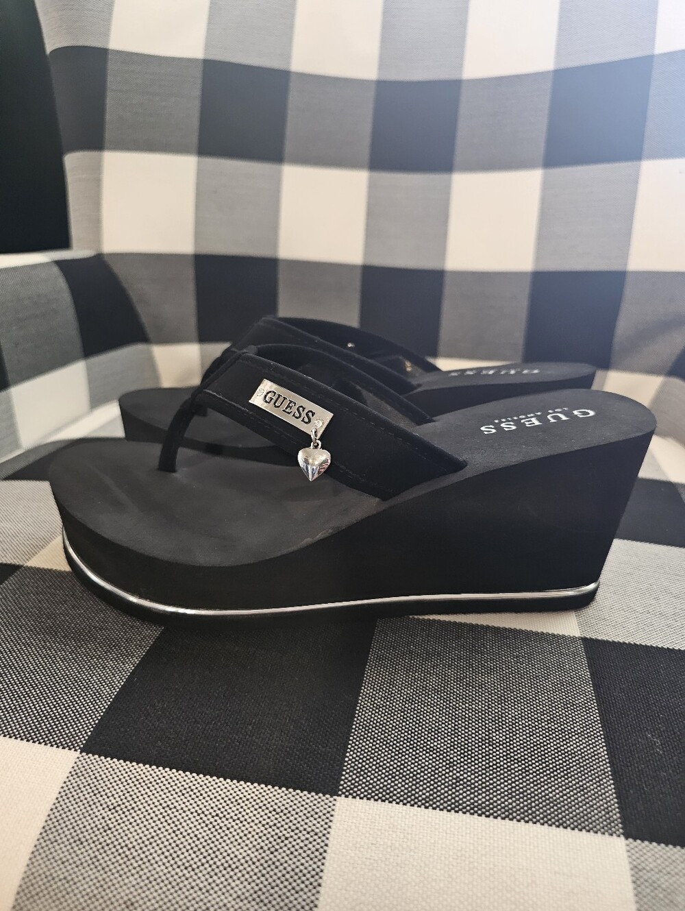 GUESS Black Wedge Thong Sandals with Silver Logo - Picture 2 of 5